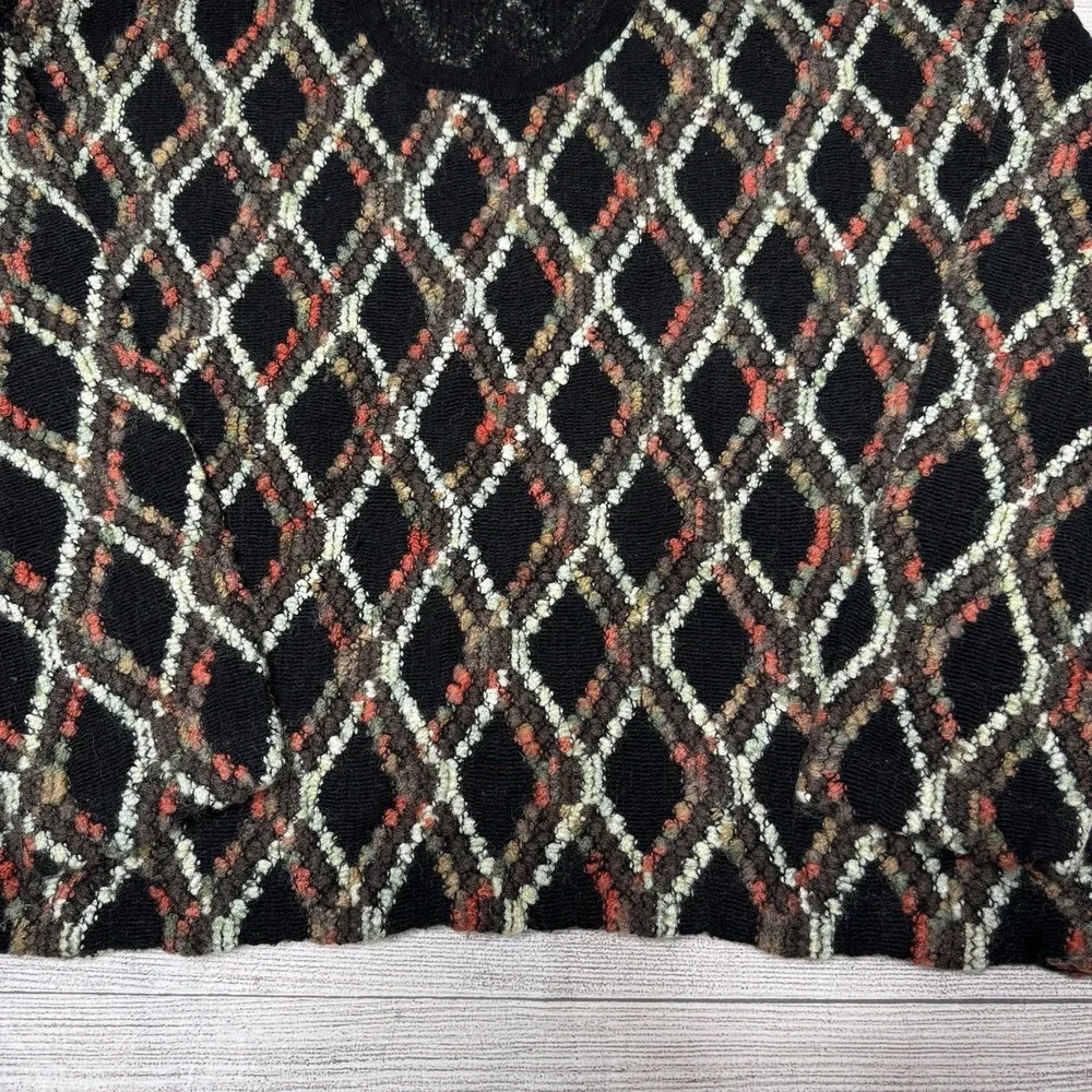 Vintage Italian Wool‎ Blend Sweater Geometric Diamond Knit Black Multicolor Crew